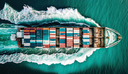 Aerial drone view of loaded freight liner travelling across ocean creating huge waves