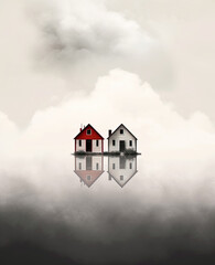 Conceptual image of minimalist landscape of flooded plain with duo tone houses and big sky reflected in water