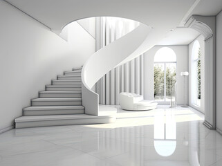 Beautiful modern minimalist white home interior setting with sweeping staircase and green plants in hall