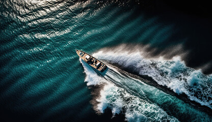 Aerial drone top down view of speed boat travellnig at speed across the sea creating huge wake - 732722668