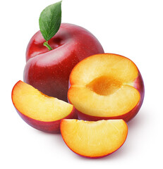Isolated plums. Whole, half and piece of red cherry plum with leaf isolated on white background