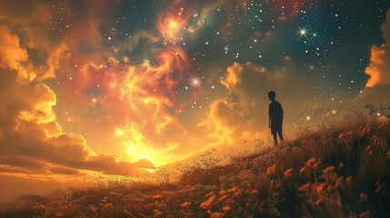Man Gazing at a Star-Infused Sky at Sunset