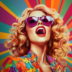 woman exuding happiness, dressed in colorful and psychedelic 1970s fashion