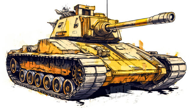 A striking watercolor sketch of a tank with yellow gray lines