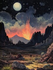 Obraz premium Midnight Desert Campfires: Vintage Scene Art Print with Starry Night Effect