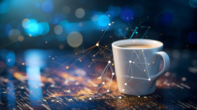 Morning Mug Of Coffee To Get Ready For The Daily Grind And Networking At The Office With Technology Circuits Background (Generative AI). - Powered by Adobe