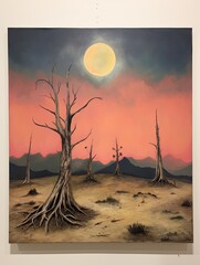 Campfire Glow: Midnight Desert Vintage Painting, Warm Landscape Wall Art