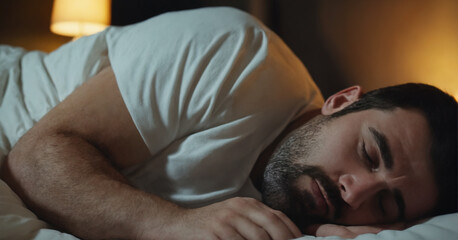 A tired man struggles with sleep apnea, snoring loudly through the night.