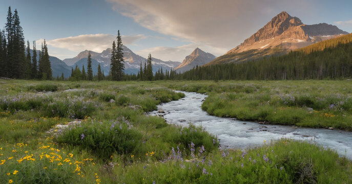 A serene evening in Park, Montana, where wildflowers bloom alongside a clear mountain stream in the tranquil landscape.