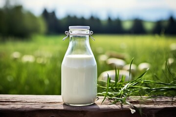 Bottle of fresh farm milk against green meadow - 732723418