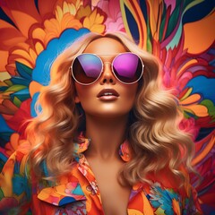 woman exuding happiness, dressed in colorful and psychedelic 1970s fashion