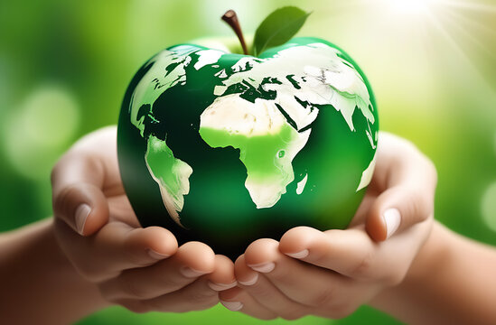 Green colors Earth in apple shape in pair of hands. World Health Day concept. Health eating