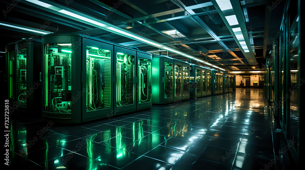 Poster modern data center with glowing green lights a sleek data center illuminated by green lights, highli