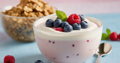 A refreshing swirl of frozen yogurt topped with fresh berries, perfect for a summer treat.