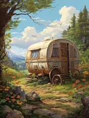 Vintage Caravan Adventures: Road Trip Landscape - Travel Art