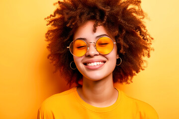 Joyful young girl with stylish afro and sunglasses, holidays concept, summertime concept