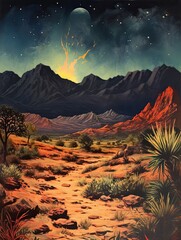 Campfires Glow: Midnight Desert Vintage Landscape - Night Art Print