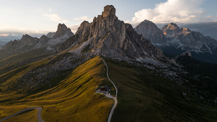 Sunset views of the mountain from the Paso Giau in the Dolomites