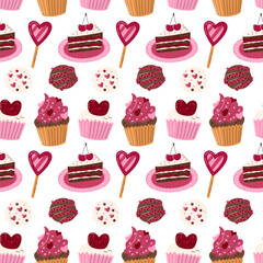 Dessert seamless pattern design isolated on white. Yummy elements celebration and holiday decoration concept. Valentine's Day sweet pastry paper gift. Festive food hand drawn flat vector illustration
