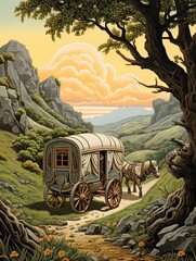 Caravan Travel Adventure: Vintage Landscape Art Print showcasing Countryside View