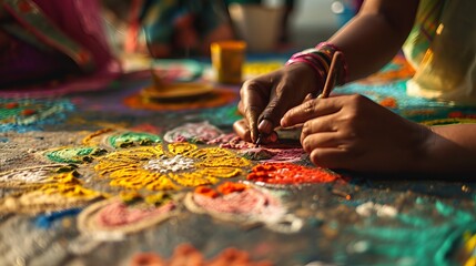 Close-up of hands creating colorful rangoli artwork during cultural celebration