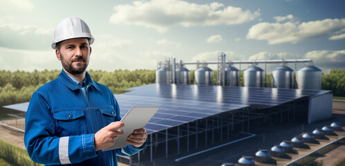 Engineer with tablet computer on a background of gas plant using solar energy