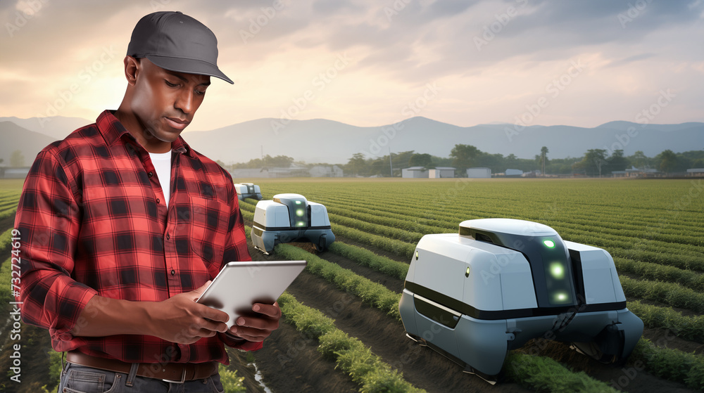 Aufkleber Farmer controls autonomous wheeled robots an agricultural field. Using artificial intelligence on a smart farm