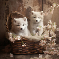 Two cute puppies of siberian husky in a basket with flowers