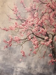 Cascading Cherry Blossom Petals: Vintage Landscape of Nature Artwork