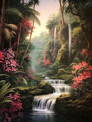 Cascading Oasis: Tropical Waterfall Art - Nature Landscape in Jungle Scene