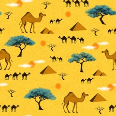Seamless pattern. Camels and pyramids