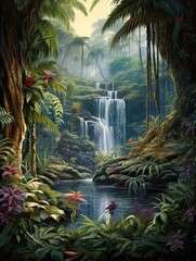 Cascading Waterfall Oasis: Tropical Landscape Jungle Art Print, Nature Scene