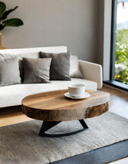 Sleek Simplicity: Enhancing Minimalist D&eacute;cor with a Live Edge Coffee Table and White Sofa Featuring Grey Cushions in a Loft Setting