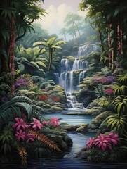 Cascading Waterfall Oasis: Jungle Print and Tropical Scene Landscape Art
