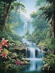 Cascading Waterfall Oasis Wall Art: Nature Scenic Print - Tropical Falls
