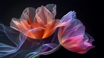 two abstract organza tulip flowers flutter in the wind on a black background