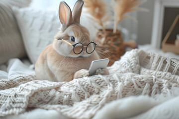  bunny with glasses sitting on a blanket holding a cell phone