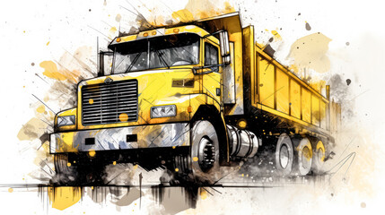 A vibrant watercolor sketch of a truck with yellow gray lines