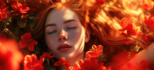 Woman resting among vibrant red flowers with eyes closed. Connection with nature.