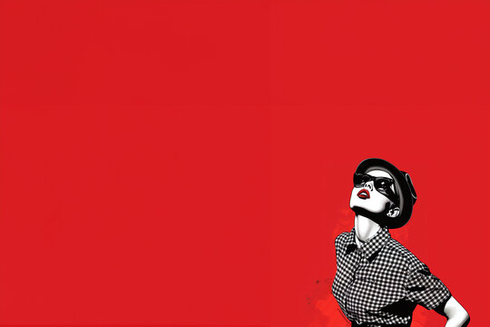 Mixed art peinture et collage sur fond rouge avec espace n&eacute;gatif texte d'une femme 2 tone ska girl, fan de ce style musical anglais des ann&eacute;es 70 