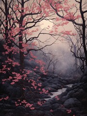 Cherry Blossom Twilight: Vintage Landscape