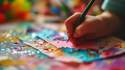Child Engaged in Creative Art, Painting Colorful Imagery with Glitter and Paint on Paper