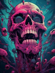 Vibrant Psychedelic Melting Skull Artwork
