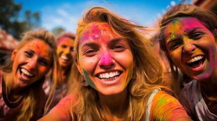 Fototapeta premium Girls at holi festival having fun with colorful powder