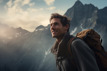 Smiling man with backpack stands on the top of mountain with beautiful rocky area at background, watching up. Closeup portrait - obrazy, fototapety, plakaty