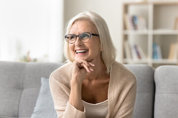 Happy blonde old senior woman in elegant glasses looking away home portrait. Cheerful positive...