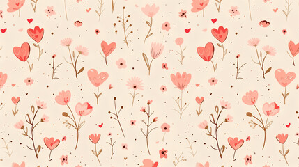 seamless pattern of small pink hearts and flowers against a beige background, background, coquette background, valentine's day background, floral background, spring seamless background - obrazy, fototapety, plakaty