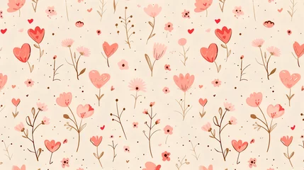 Tuinposter seamless pattern of small pink hearts and flowers against a beige background, background, coquette background, valentine's day background, floral background, spring seamless background © Diana D.