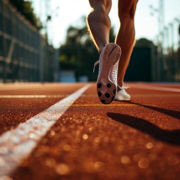 course &agrave; pied, vue au niveau des pieds d'un sprinter sur une piste d'athl&eacute;tisme. JO, jeux olympiques, Paris 2024, la semelle de la chaussure est au bord de la bande blanche de couloir