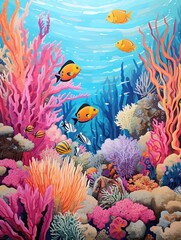 Vintage Beach Scene: Vibrant Coral Reef Nature Art with Retro Hand-Painted Charm